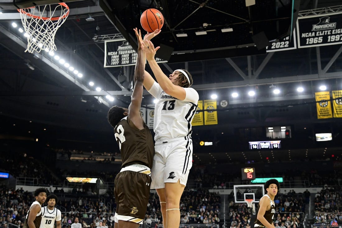 Providence Friars forward Josh Oduro (13) goes for a lay up against the Lehigh Mountain Hawks during the first half at Amica Mutual Pavilion. Mandatory Credit: Eric Canha-USA TODAY Sports