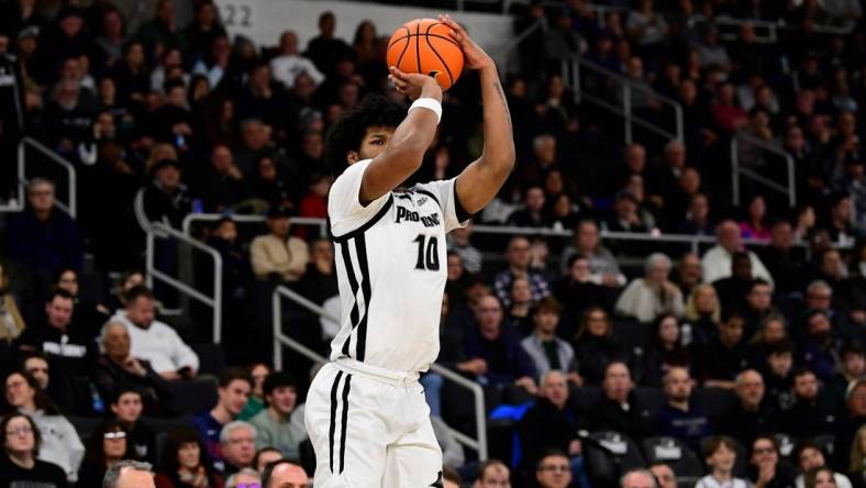 Nov 24, 2023; Providence, Rhode Island, USA; Providence Friars forward Richard Barron (10) shoots against the Lehigh Mountain Hawks during the first half at Amica Mutual Pavilion. Mandatory Credit: Eric Canha-USA TODAY Sports