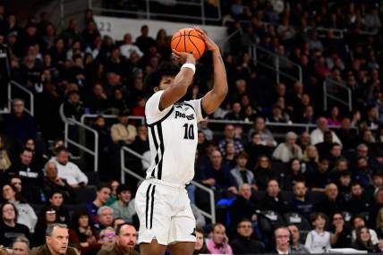Nov 24, 2023; Providence, Rhode Island, USA; Providence Friars forward Richard Barron (10) shoots against the Lehigh Mountain Hawks during the first half at Amica Mutual Pavilion. Mandatory Credit: Eric Canha-USA TODAY Sports