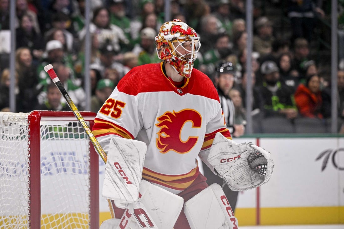 Nov 24, 2023; Dallas, Texas, USA; Calgary Flames goaltender Jacob Markstrom (25) during the game between the Dallas Stars and the Calgary Flames at the American Airlines Center. Mandatory Credit: Jerome Miron-USA TODAY Sports