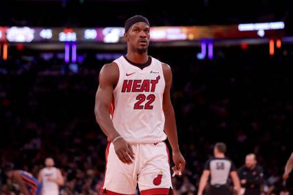 Nov 24, 2023; New York, New York, USA; Miami Heat forward Jimmy Butler (22) reacts during the second quarter against the New York Knicks at Madison Square Garden. Mandatory Credit: Brad Penner-USA TODAY Sports