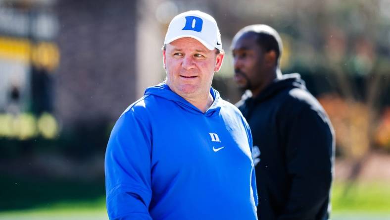 Nov 25, 2023; Durham, North Carolina, USA; Duke Blue Devils head coach Mike Elko looks on before the first half of the game against Pittsburgh Panthers at Wallace Wade Stadium. Mandatory Credit: Jaylynn Nash-USA TODAY Sports