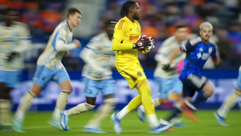 Nov 25, 2023; Cincinnati, Ohio, USA; Philadelphia Union goalkeeper Andre Blake (18) controls the ball against FC Cincinnati in the first half in a MLS Cup Eastern Conference Semifinal match at TQL Stadium. Mandatory Credit: Aaron Doster-USA TODAY Sports