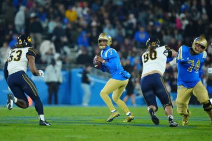 Nov 25, 2023; Pasadena, California, USA; UCLA Bruins quarterback Dante Moore (3) throws the ball against the California Golden Bears in the first half at Rose Bowl. Mandatory Credit: Kirby Lee-USA TODAY Sports