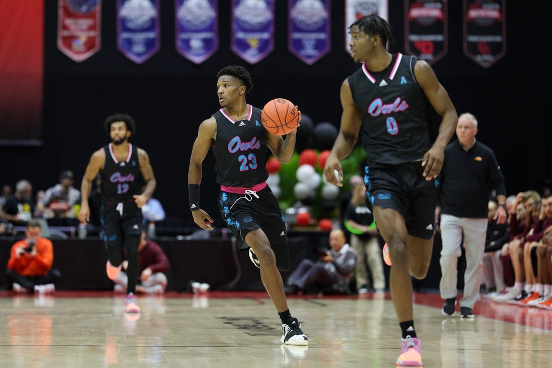 Nov 26, 2023; Kissimmee, FL, USA;  Florida Atlantic Owls guard Brandon Weatherspoon (23) looks to pass the ball against the Virginia Tech Hokies in the second half during the ESPN Events Invitational Championship game at State Farm Field House. Mandatory Credit: Nathan Ray Seebeck-USA TODAY Sports