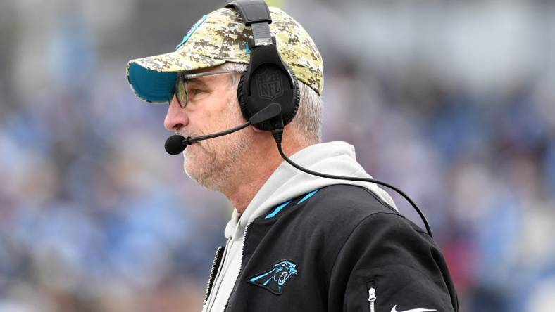 Nov 26, 2023; Nashville, Tennessee, USA; Carolina Panthers head coach Frank Reich looks on from the sideline during the second half against the Tennessee Titans at Nissan Stadium. Mandatory Credit: Christopher Hanewinckel-USA TODAY Sports