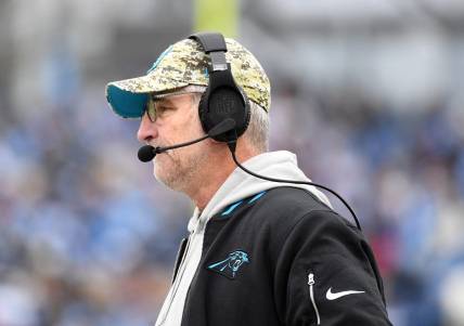 Nov 26, 2023; Nashville, Tennessee, USA; Carolina Panthers head coach Frank Reich looks on from the sideline during the second half against the Tennessee Titans at Nissan Stadium. Mandatory Credit: Christopher Hanewinckel-USA TODAY Sports