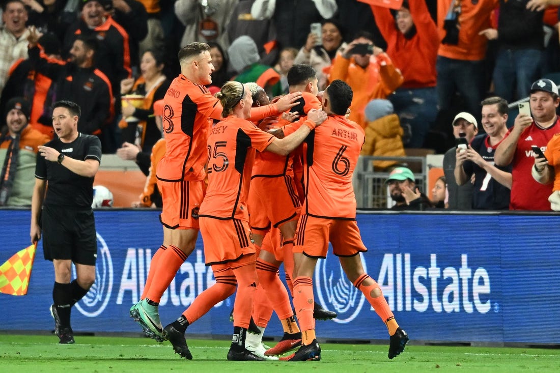 Nov 26, 2023; Houston, Texas, USA; Houston Dynamo defender Franco Escobar (2) reacts after scoring a goal against Sporting Kansas City during the first half for the MLS Cup Western Conference Semifinal match at Shell Energy Stadium. Mandatory Credit: Maria Lysaker-USA TODAY Sports