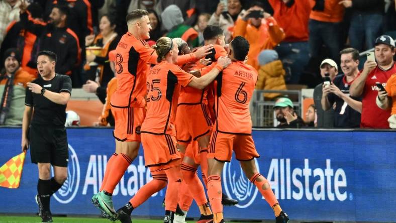 Nov 26, 2023; Houston, Texas, USA; Houston Dynamo defender Franco Escobar (2) reacts after scoring a goal against Sporting Kansas City during the first half for the MLS Cup Western Conference Semifinal match at Shell Energy Stadium. Mandatory Credit: Maria Lysaker-USA TODAY Sports