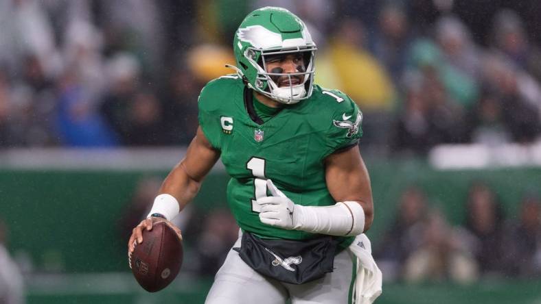 Nov 26, 2023; Philadelphia, Pennsylvania, USA; Philadelphia Eagles quarterback Jalen Hurts (1) in action against the Buffalo Bills at Lincoln Financial Field. Mandatory Credit: Bill Streicher-USA TODAY Sports