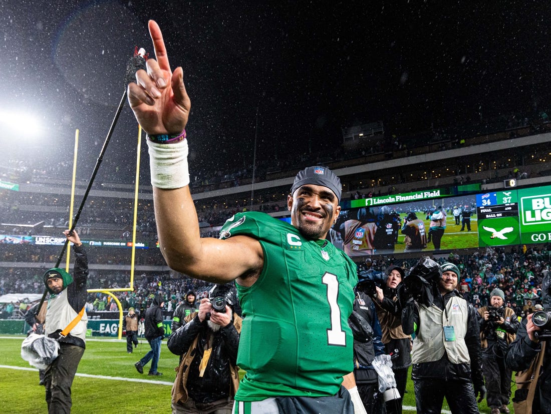 Nov 26, 2023; Philadelphia, Pennsylvania, USA; Philadelphia Eagles quarterback Jalen Hurts (1) reacts after a victory against the Buffalo Bills at Lincoln Financial Field. Mandatory Credit: Bill Streicher-USA TODAY Sports