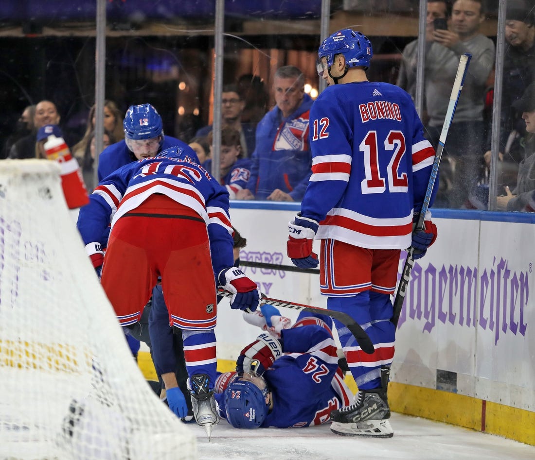 Nov 27, 2023; New York, New York, USA; New York Rangers right wing Kaapo Kakko (24) is helped by a trainer on the ice after an injury to his left leg during the second period against the Buffalo Sabres at Madison Square Garden. Mandatory Credit: Danny Wild-USA TODAY Sports
