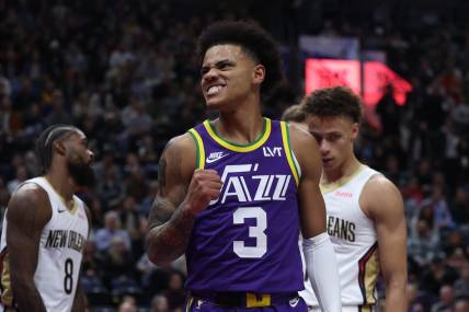 Nov 27, 2023; Salt Lake City, Utah, USA; Utah Jazz guard Keyonte George (3) reacts to a play against the New Orleans Pelicans in the first quarter at Delta Center. Mandatory Credit: Rob Gray-USA TODAY Sports