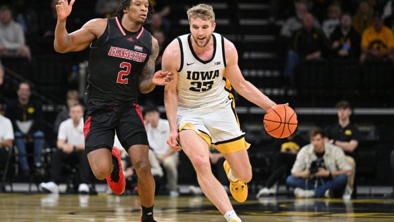 Nov 17, 2023; Iowa City, Iowa, USA; Iowa Hawkeyes forward Ben Krikke (23) controls the ball as Arkansas State Red Wolves guard Freddy Hicks (2) defends during the first half at Carver-Hawkeye Arena. Mandatory Credit: Jeffrey Becker-USA TODAY Sports