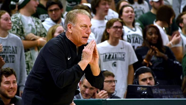 Nov 28, 2023; East Lansing, Michigan, USA; Michigan State Spartans head coach Tom Izzo reacts on the sidelines against the Georgia Southern Eagles at Jack Breslin Student Events Center. Mandatory Credit: Dale Young-USA TODAY Sports