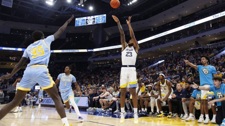 Nov 28, 2023; Milwaukee, Wisconsin, USA;  Marquette Golden Eagles forward David Joplin (23) shoots during the second half against the Southern Jaguars at Fiserv Forum. Mandatory Credit: Jeff Hanisch-USA TODAY Sports