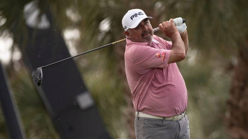 Angel Cabrera of Villa Allende, Cordoba, Argentina, tees off at the 10th hole during the first day of the Chubb Classic, Friday, Feb. 14, 2020, at Lely Resort in Lely, Florida.

Ndn 0213 Ja Chubb Classic 065