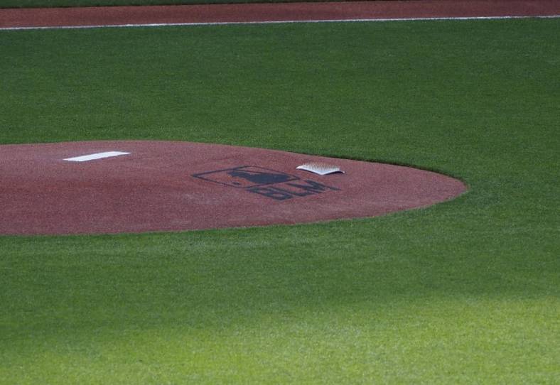 Jul 28, 2020; San Francisco, California, USA; A logo for black lives matter on the pitcher s mound before the game between the San Francisco Giants and San Diego Padres at Oracle Park. Mandatory Credit: Kelley L Cox-USA TODAY Sports