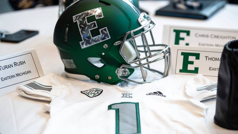 Eastern Michigan football helmet during the MAC football media day at Ford Field on Tuesday, July 20, 2021.