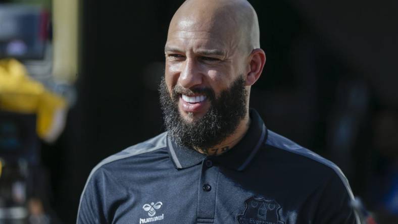 Jul 25, 2021; Orlando, Florida, USA; Former Everton goalkeeper Tim Howard attends the game between Everton and Millonarios during a 2021 Florida Cup semifinal soccer match at Camping World Stadium. Mandatory Credit: Sam Navarro-USA TODAY Sports