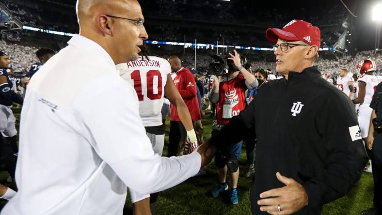 Former Indiana Hoosiers head coach Tom Allen is reportedly joining Penn State Nittany Lions head coach James Franklin (left) as defensive coordinator Penn State won 24-0. Mandatory Credit: Matthew OHaren-USA TODAY Sports