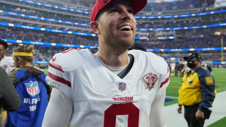 Jan 9, 2022; Inglewood, California, USA; San Francisco 49ers kicker Robbie Gould (9) celebrates after defeating the Los Angeles Rams at SoFi Stadium. Mandatory Credit: Kirby Lee-USA TODAY Sports