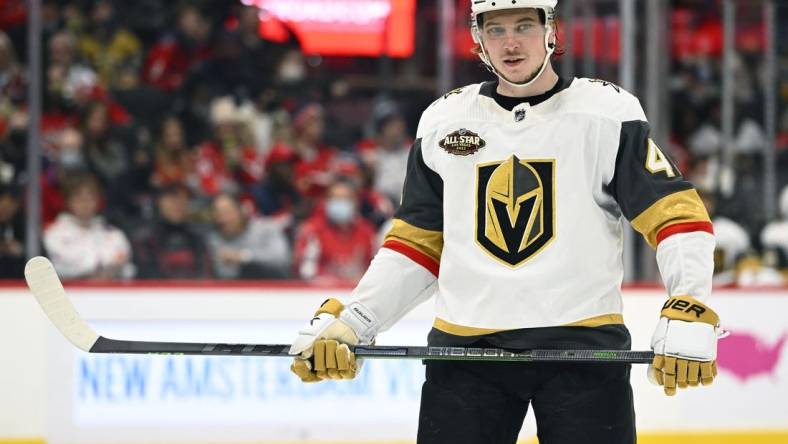 Jan 24, 2022; Washington, District of Columbia, USA; Vegas Golden Knights center Nolan Patrick (41) on the ice against the Washington Capitals during the second period at Capital One Arena. Mandatory Credit: Brad Mills-USA TODAY Sports