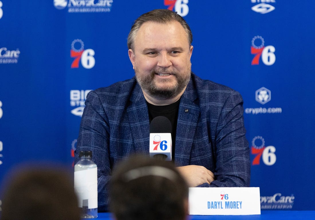 Feb 15, 2022; Camden, NJ, USA; Philadelphia 76ers president of basketball operations Daryl Morey speaks with the media at Philadelphia 76ers Training Complex. Mandatory Credit: Bill Streicher-USA TODAY Sports