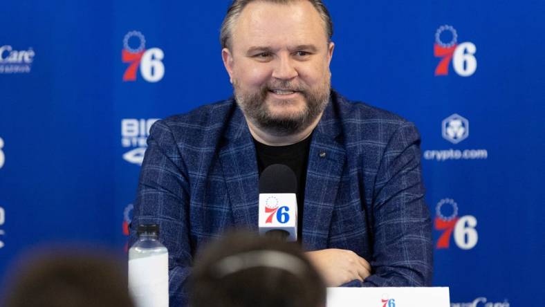 Feb 15, 2022; Camden, NJ, USA; Philadelphia 76ers president of basketball operations Daryl Morey speaks with the media at Philadelphia 76ers Training Complex. Mandatory Credit: Bill Streicher-USA TODAY Sports