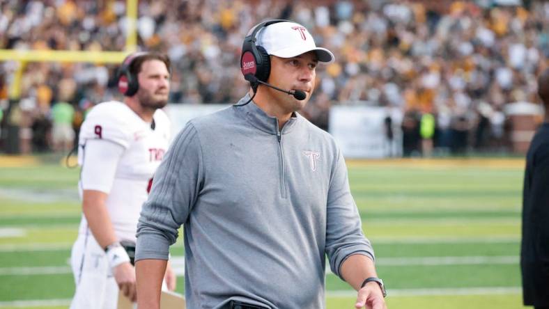 Sep 17, 2022; Boone, North Carolina, USA; Troy Trojans head coach Jon Sumrall on the sidelines against the Appalachian State Mountaineers during the second half at Kidd Brewer Stadium. Mandatory Credit: Reinhold Matay-USA TODAY Sports