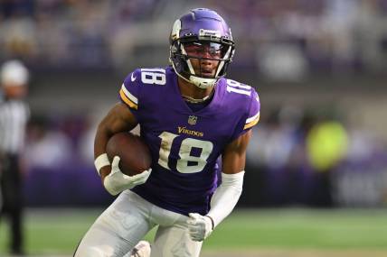 Sep 11, 2022; Minneapolis, Minnesota, USA; Minnesota Vikings wide receiver Justin Jefferson (18) in action against the Green Bay Packers at U.S. Bank Stadium. Mandatory Credit: Jeffrey Becker-USA TODAY Sports