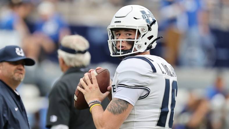 Utah State Aggies quarterback Levi Williams knows his way around the Potato Bowl. Mandatory Credit: Rob Gray-USA TODAY Sports