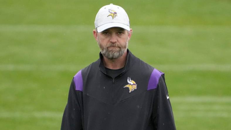 Sep 30, 2022; Thundridge, United Kingdom; Minnesota Vikings offensive coordinator Wes Phillips during practice at Hanbury Manor. Mandatory Credit: Kirby Lee-USA TODAY Sports