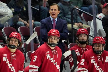 Oct 7, 2022; Columbus, Ohio, USA;  Wisconsin Badgers head coach Tony Granato yells from the bench during the NCAA men's hockey game at the Schottenstein Center. Mandatory Credit: Adam Cairns-The Columbus Dispatch

Ncaa Hockey Wisconsin Vs Ohio State