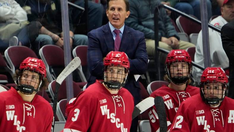 Oct 7, 2022; Columbus, Ohio, USA;  Wisconsin Badgers head coach Tony Granato yells from the bench during the NCAA men's hockey game at the Schottenstein Center. Mandatory Credit: Adam Cairns-The Columbus Dispatch

Ncaa Hockey Wisconsin Vs Ohio State