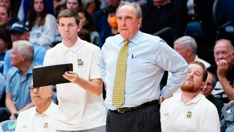 Nov 7, 2022; Villanova, Pennsylvania, USA; La Salle Explorers head coach Fran Dunphy looks on from the bench during the second half against the Villanova Wildcats at William B. Finneran Pavilion. Mandatory Credit: Gregory Fisher-USA TODAY Sports