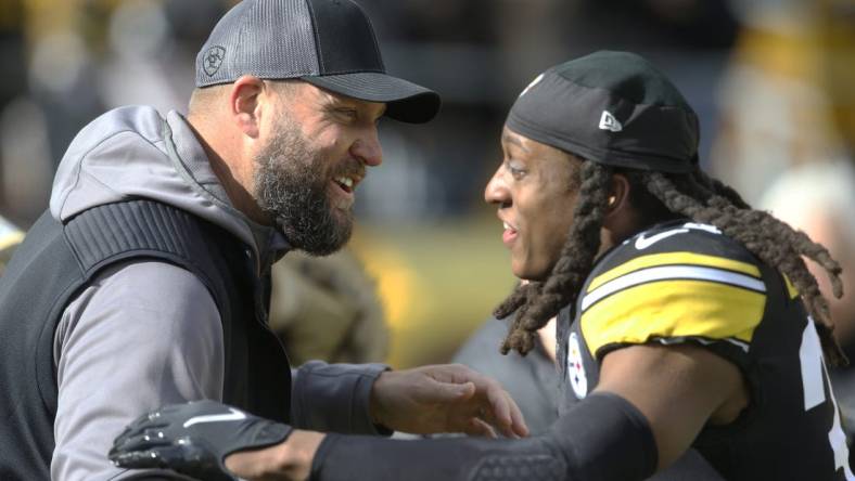 Nov 13, 2022; Pittsburgh, Pennsylvania, USA;  Pittsburgh Steelers former quarterback Ben Roethlisberger (left) greets safety Terrell Edmunds (right) before the game against the New Orleans Saints at Acrisure Stadium. Mandatory Credit: Charles LeClaire-USA TODAY Sports