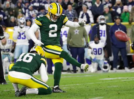 Green Bay Packers place kicker Mason Crosby (2) kicks the game-winning field goal in overtime against the Dallas Cowboys during their football game Sunday, November 13, at Lambeau Field in Green Bay, Wis. Dan Powers/USA TODAY NETWORK-Wisconsin

Apc Packvscowboys 1113222210djp