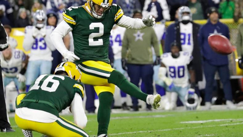 Green Bay Packers place kicker Mason Crosby (2) kicks the game-winning field goal in overtime against the Dallas Cowboys during their football game Sunday, November 13, at Lambeau Field in Green Bay, Wis. Dan Powers/USA TODAY NETWORK-Wisconsin

Apc Packvscowboys 1113222210djp