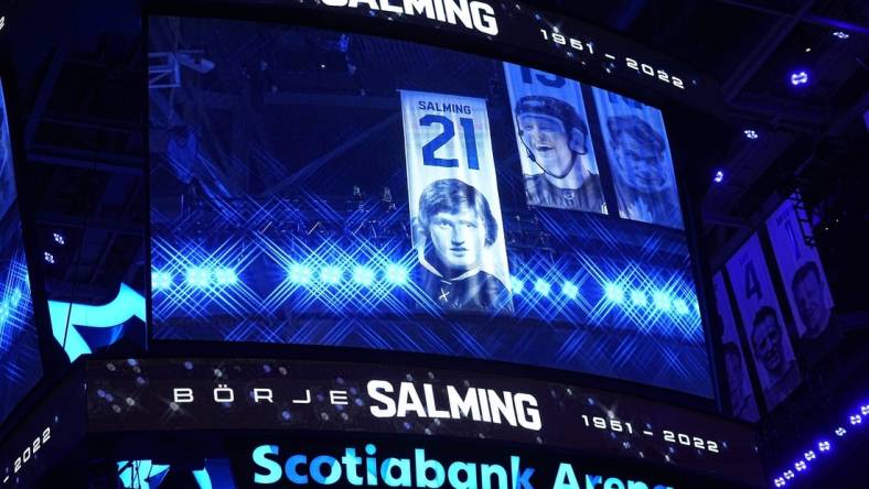 Nov 30, 2022; Toronto, Ontario, CAN; The scoreboard displays a tribute to the late Toronto Maple Leafs  Borje Salming before the start of the first period between the San Jose Sharks and Toronto Maple Leafs at Scotiabank Arena. Mandatory Credit: John E. Sokolowski-USA TODAY Sports