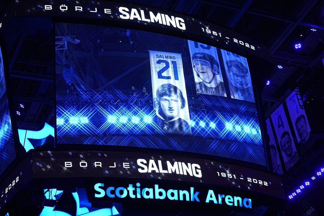Nov 30, 2022; Toronto, Ontario, CAN; The scoreboard displays a tribute to the late Toronto Maple Leafs  Borje Salming before the start of the first period between the San Jose Sharks and Toronto Maple Leafs at Scotiabank Arena. Mandatory Credit: John E. Sokolowski-USA TODAY Sports