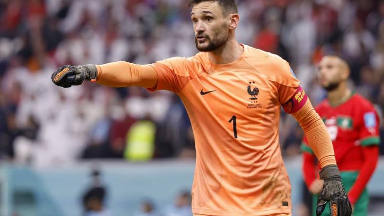 Dec 14, 2022; Al Khor, Qatar; France goalkeeper Hugo Lloris (1) gestures against Morocco during the first half of a semifinal match during the 2022 World Cup at Al Bayt Stadium. Mandatory Credit: Yukihito Taguchi-USA TODAY Sports