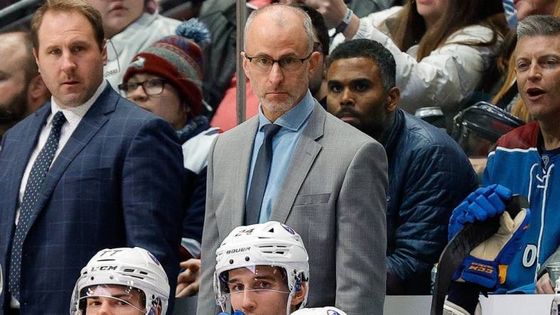 Dec 15, 2022; Denver, Colorado, USA; Buffalo Sabres head coach Don Granato looks on in the second period against the Colorado Avalanche at Ball Arena. Mandatory Credit: Isaiah J. Downing-USA TODAY Sports