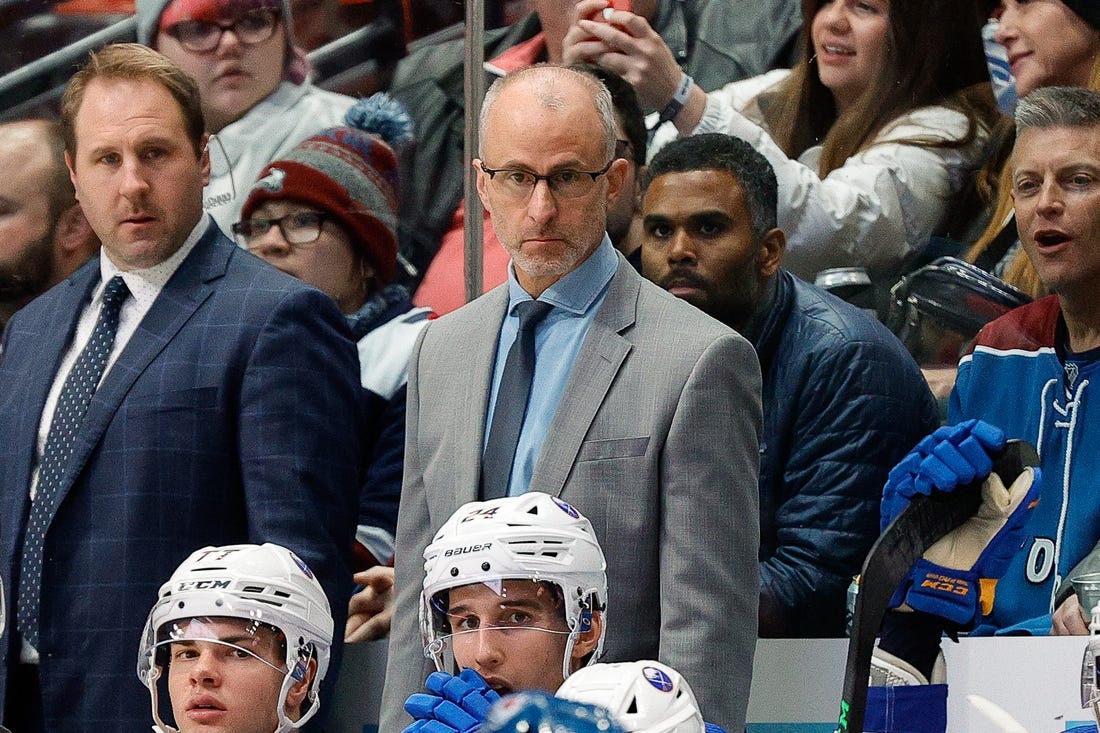 Dec 15, 2022; Denver, Colorado, USA; Buffalo Sabres head coach Don Granato looks on in the second period against the Colorado Avalanche at Ball Arena. Mandatory Credit: Isaiah J. Downing-USA TODAY Sports