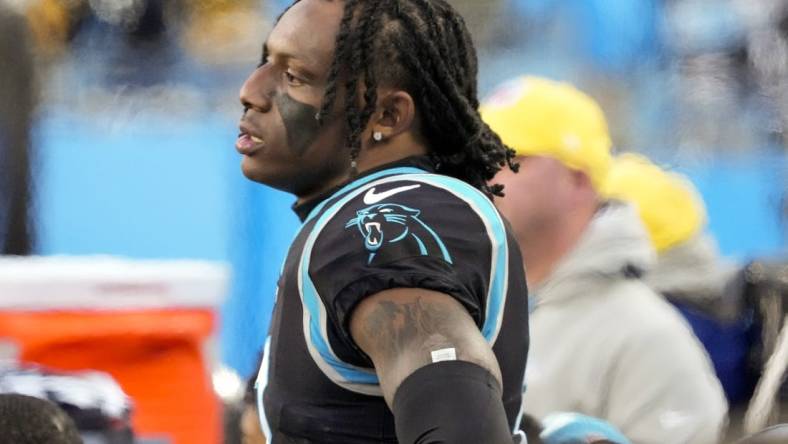 Dec 18, 2022; Charlotte, North Carolina, USA;  Carolina Panthers cornerback Jaycee Horn (8) watches the offense in the final seconds during the second half against the Pittsburgh Steelers at Bank of America Stadium. Mandatory Credit: Jim Dedmon-USA TODAY Sports