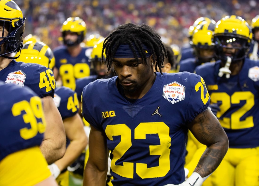 Dec 31, 2022; Glendale, Arizona, USA; Michigan Wolverines running back CJ Stokes (23) against the TCU Horned Frogs during the 2022 Fiesta Bowl at State Farm Stadium. Mandatory Credit: Mark J. Rebilas-USA TODAY Sports