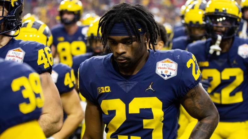 Dec 31, 2022; Glendale, Arizona, USA; Michigan Wolverines running back CJ Stokes (23) against the TCU Horned Frogs during the 2022 Fiesta Bowl at State Farm Stadium. Mandatory Credit: Mark J. Rebilas-USA TODAY Sports