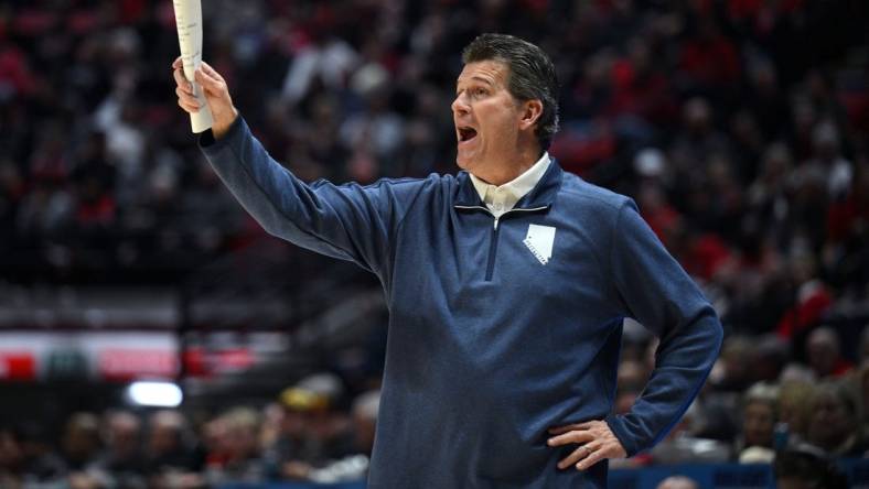 Jan 10, 2023; San Diego, California, USA; Nevada Wolf Pack head coach Steve Alford gestures during the first half against the San Diego State Aztecs at Viejas Arena. Mandatory Credit: Orlando Ramirez-USA TODAY Sports