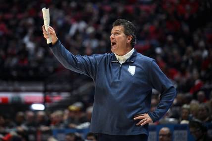 Jan 10, 2023; San Diego, California, USA; Nevada Wolf Pack head coach Steve Alford gestures during the first half against the San Diego State Aztecs at Viejas Arena. Mandatory Credit: Orlando Ramirez-USA TODAY Sports