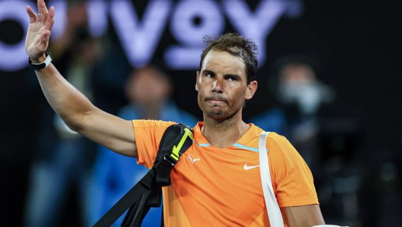 Jan 18, 2023; Melbourne, VICTORIA, Australia; Rafael Nadal after his second round match against Mackenzie Mcdonald on day three of the 2023 Australian Open tennis tournament at Melbourne Park. Mandatory Credit: Mike Frey-USA TODAY Sports